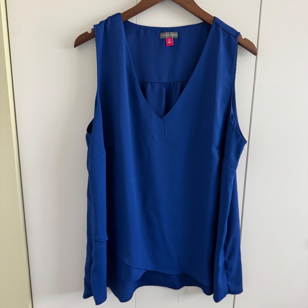 Vince Camuto Womens Cobalt Blue V-Neck Layered Hem Sleeveless Blouse 1X 92223013